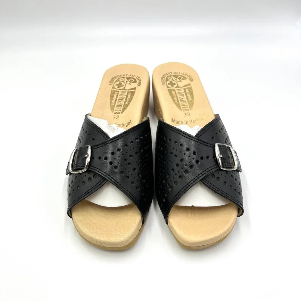 Worishofer Womens 251 Black Leather Slides Wedges Sandals Shoes 38 EU 7.5 - 8 US - Picture 2 of 15